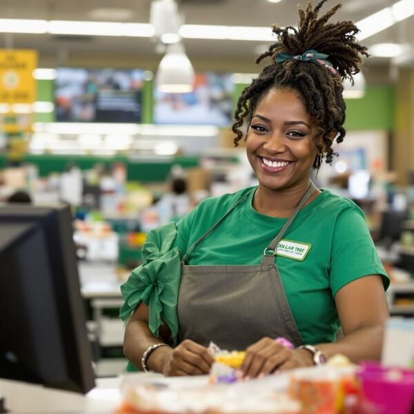 Person in dollar tree polo sitting at register